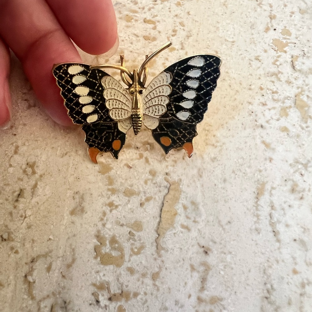 Vintage Enamel Butterfly Brooch with Black and White Details